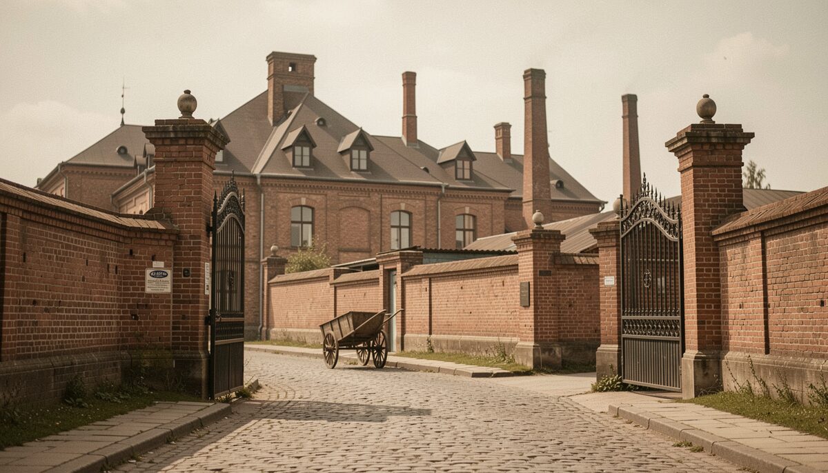 A Victorian works gatehouse with brick gateposts and tall chimneys behind, horse-drawn carts on a cobbled lane.
