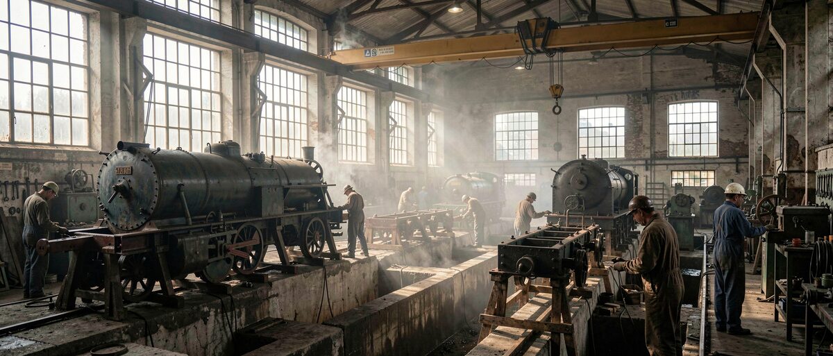 A locomotive works erecting shop seen from the pit floor, steam and daylight falling through the high windows