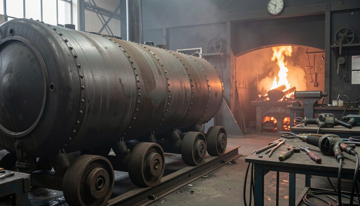 A boiler shop corner with a locomotive boiler barrel on rollers, rivet holes along its seams, and a forge fire glowing in the smithy beyond.