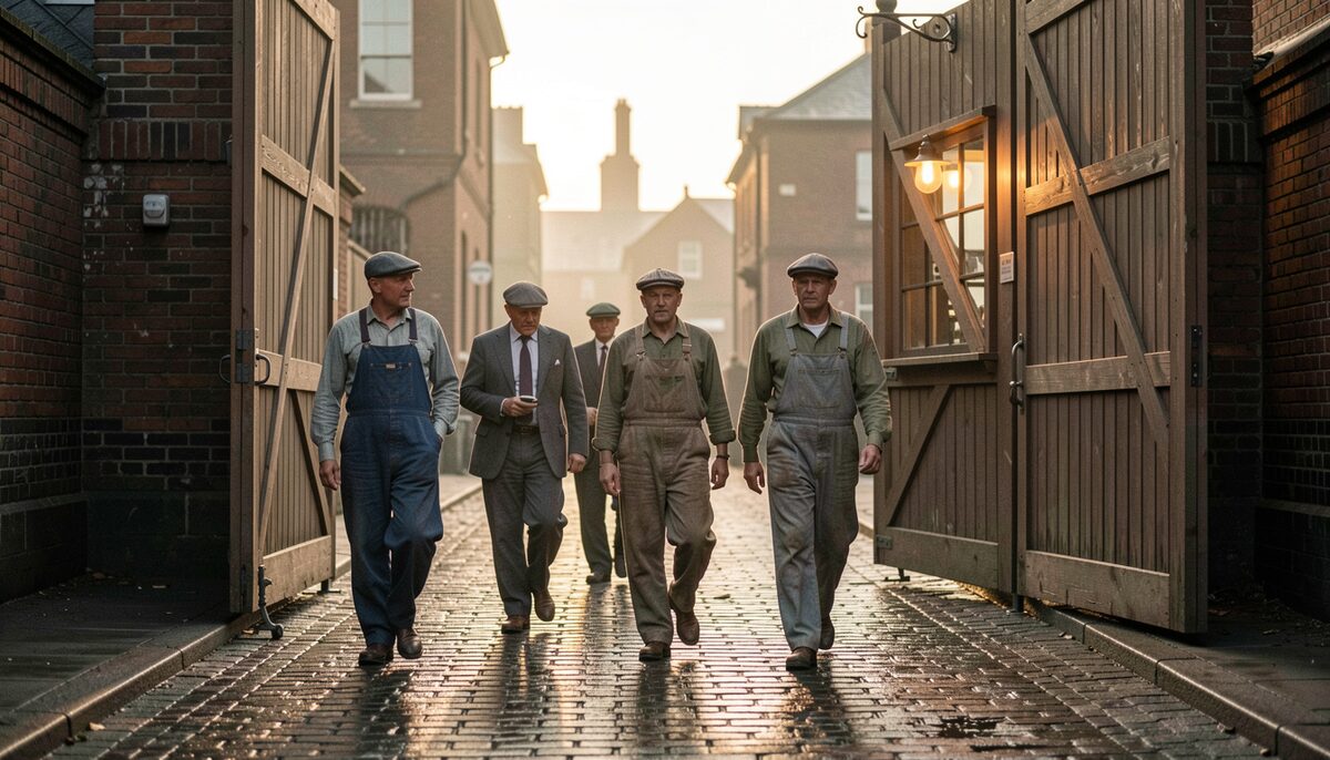 Workmen in overalls and flat caps passing through tall works gates at dawn, a clock above the gate office window.