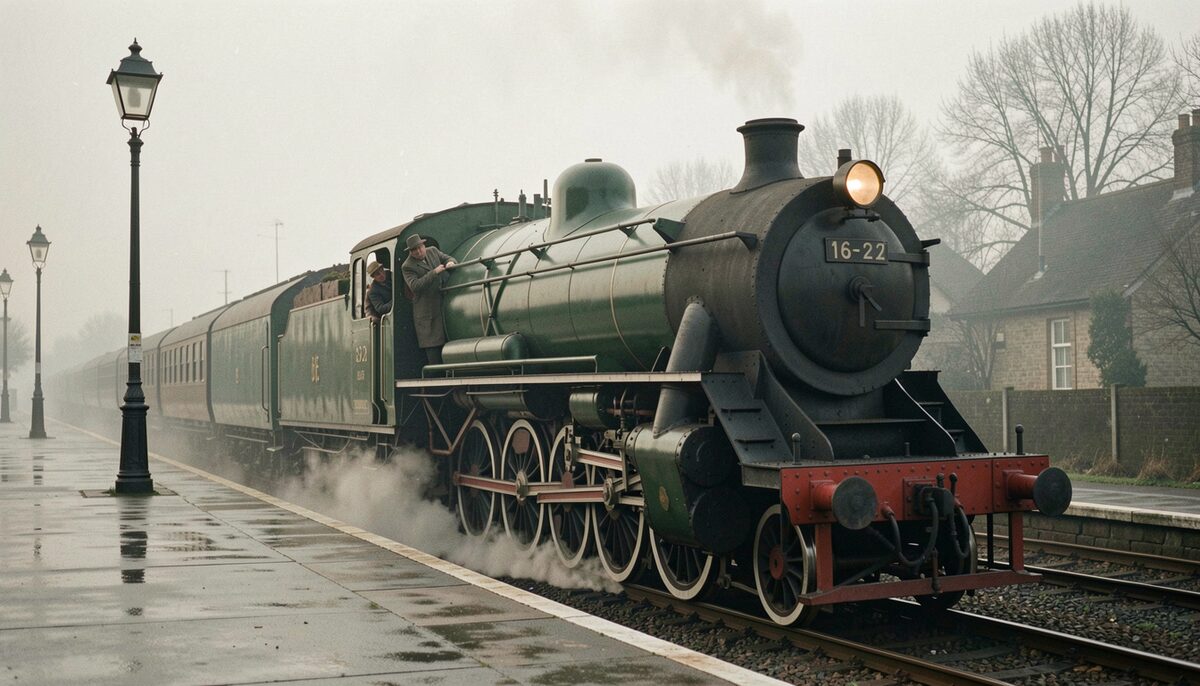 A black 4-6-2 tank engine in profile on a suburban platform, side tanks and bunker visible, crew leaning from the cab.