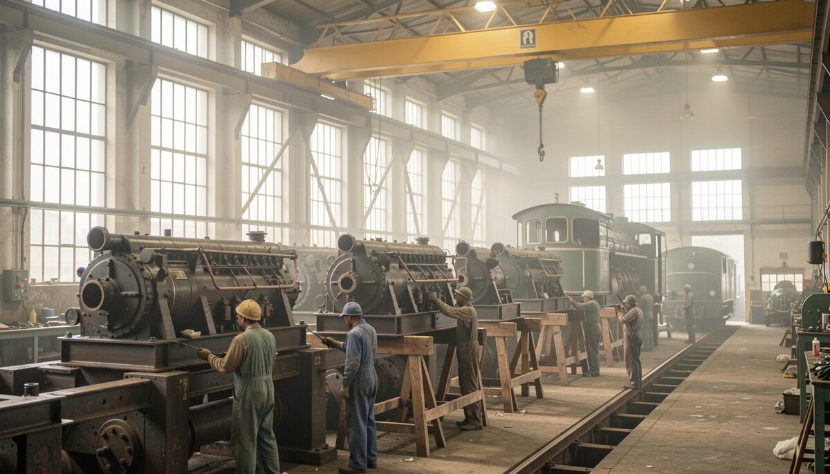 A vast erecting shop interior with locomotive frames on trestles, an overhead travelling crane, and fitters working beneath high windows.