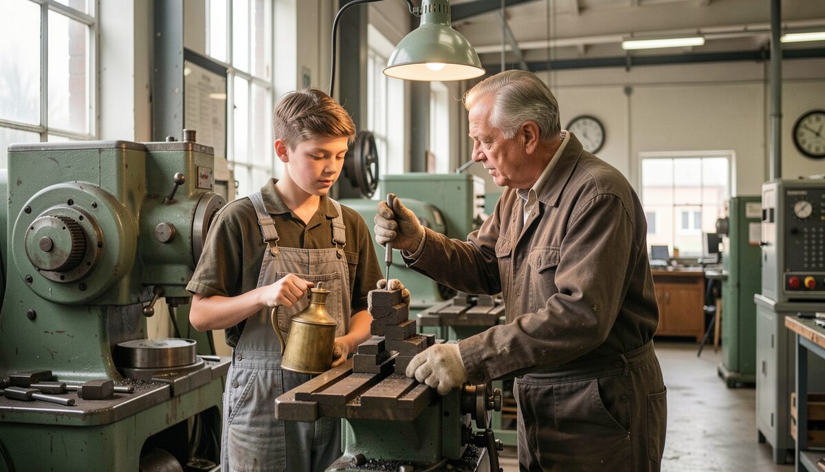A fourteen year old boy in overalls holding an oil can beside a massive lathe in a dim workshop, watched by an older fitter.
