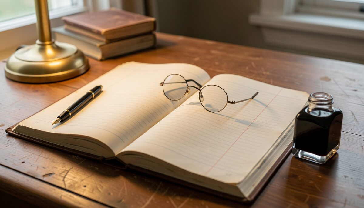 An open bound ledger with ruled columns and ink entries dated across a century, a brass pen resting on the page.