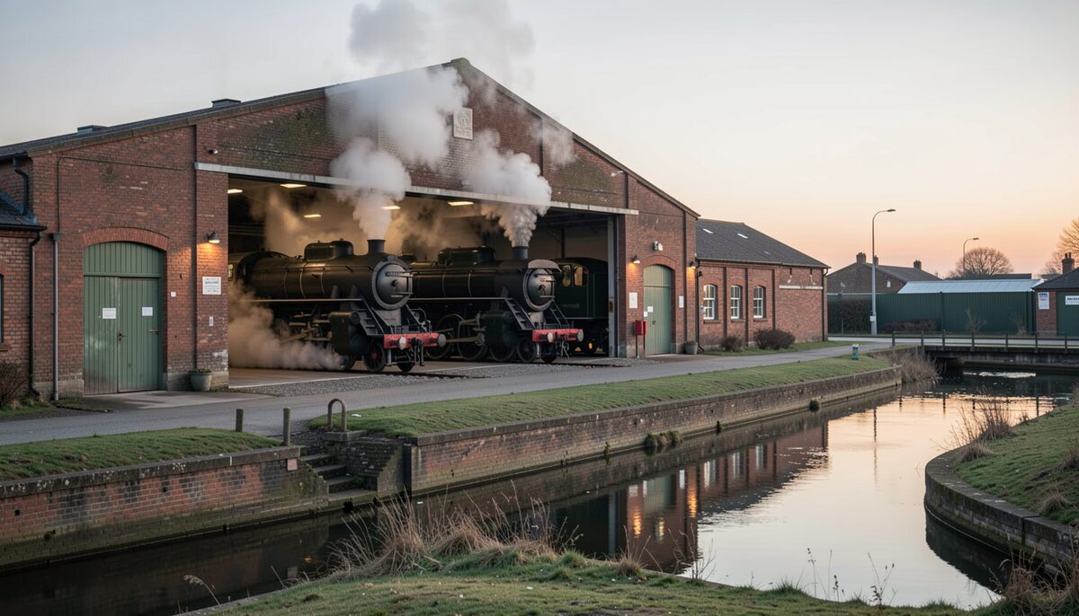 A railway shed with locomotives under a haze of steam, beside a canal arm and reservoir banks in flat Manchester light.