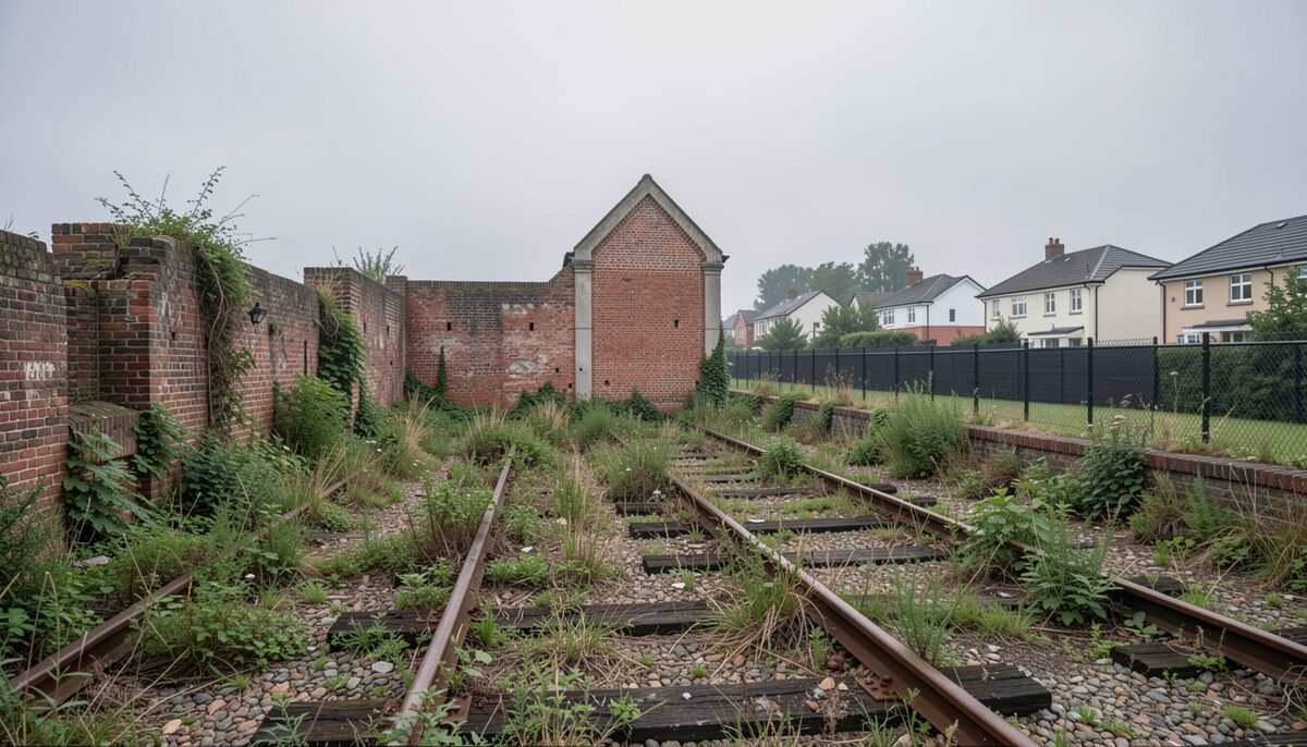 Overgrown brick foundations and a surviving wall of a demolished works, weeds between old sidings, new houses beyond.