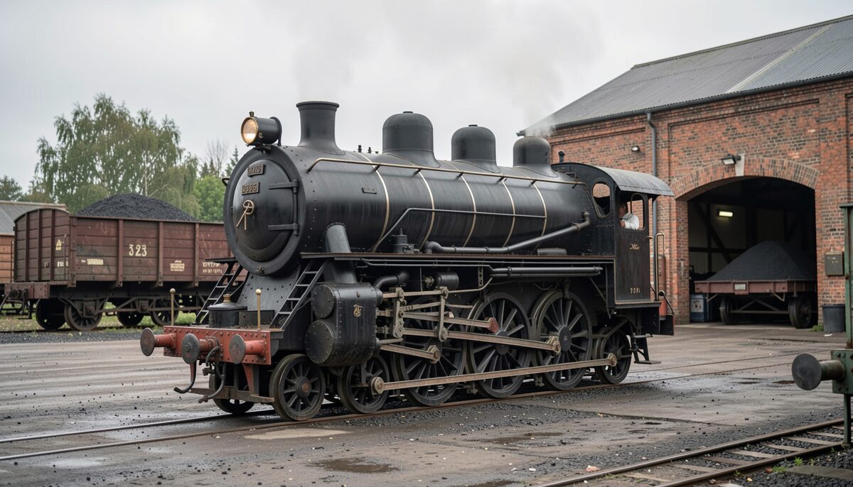 A Great Central 4-6-2 tank engine in lined black livery standing in a works yard, brass number plates dulled with age.